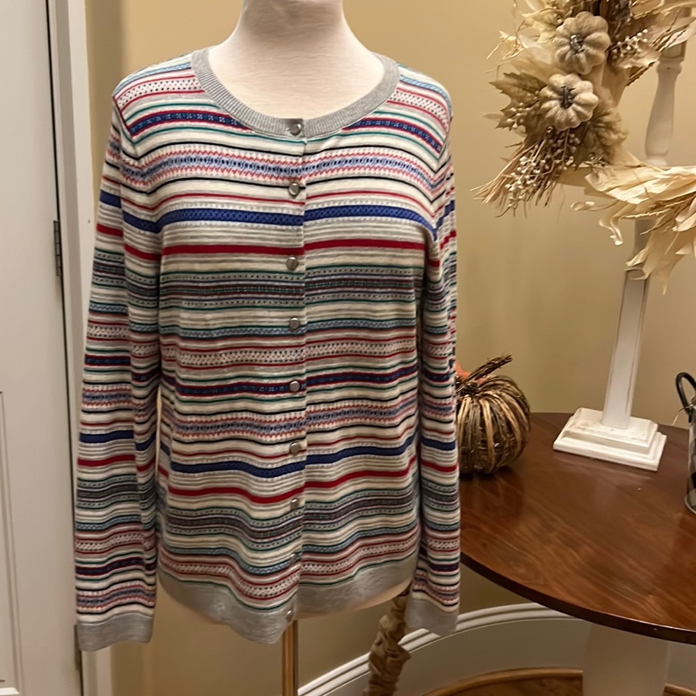Talbots multi striped cardigan, nylon and lambswool sweater very soft! 🎄
